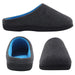 Various angles of view (side, front and rear angles) of a pair of mens memory foam slippers in two tone grey and blue. with a charcoal grey waffle knit upper, a bright blue cotton fleece inner and a black rubber sole.