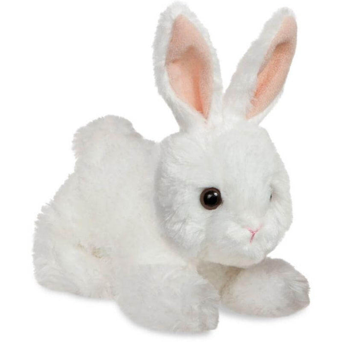 image of an adorable fluffy white toy bunny with deep brown eyes and soft pink bunny ears. 
