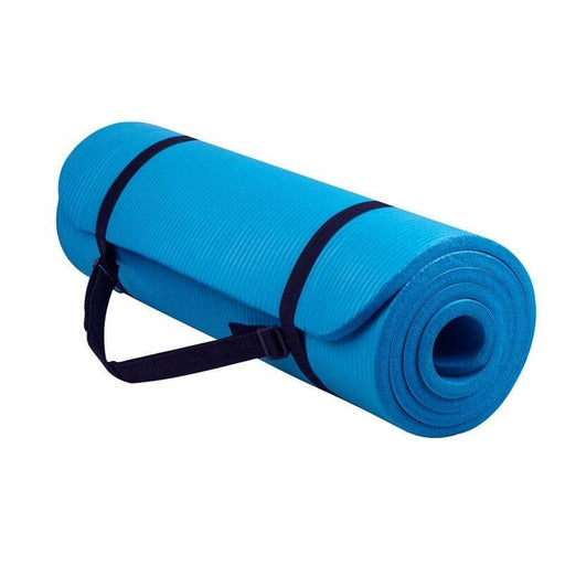 image of a rolled up blue 10mm thick yoga mat with black tie d carry handle.