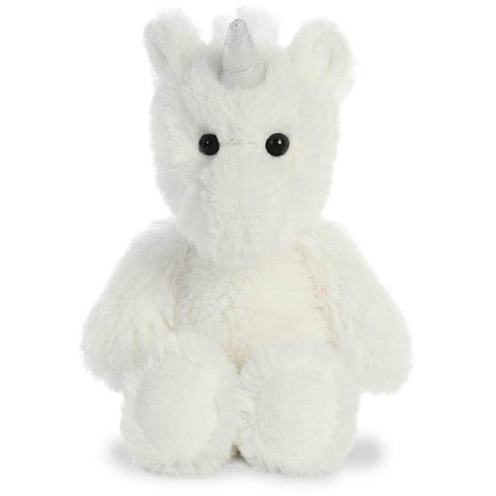 image of an incredibly cute fluffy bright white unicorn sitting upright with adorable black eyes and a shiny silver horn. 