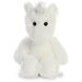 image of an incredibly cute fluffy bright white unicorn sitting upright with adorable black eyes and a shiny silver horn. 