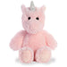 image of an incredibly cute fluffy pretty pink unicorn sitting upright with adorable black eyes and a shiny silver horn. 