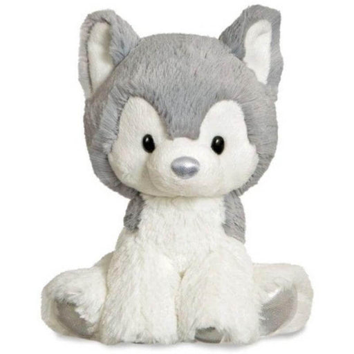 image of a cute cuddly husky toy with a shiny silver nose and paw pads and with classic grey and white husky colours. 